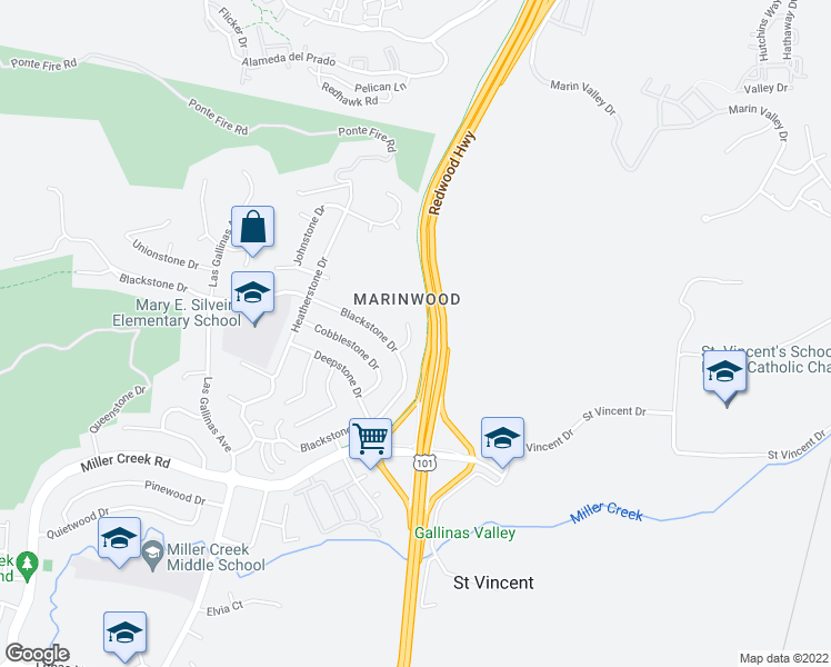 map of restaurants, bars, coffee shops, grocery stores, and more near 244 Adobestone Court in San Rafael