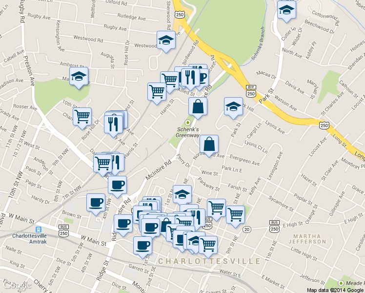 map of restaurants, bars, coffee shops, grocery stores, and more near 606 McIntire Road in Charlottesville