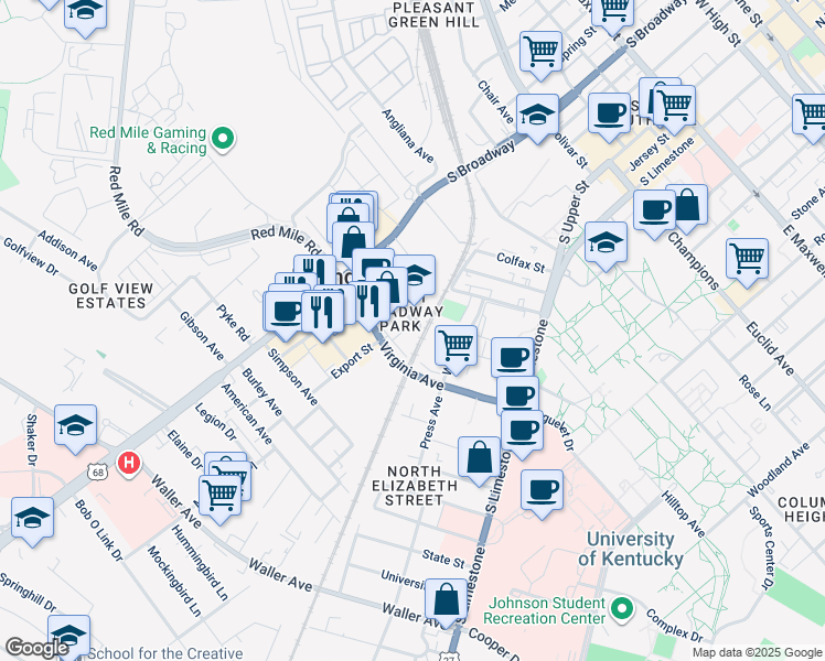 map of restaurants, bars, coffee shops, grocery stores, and more near 325 Old Virginia Avenue in Lexington