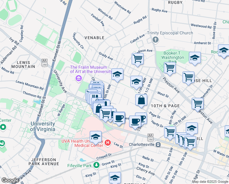 map of restaurants, bars, coffee shops, grocery stores, and more near 339 14th Street Northwest in Charlottesville