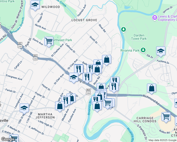 map of restaurants, bars, coffee shops, grocery stores, and more near 907 Coleman Street in Charlottesville