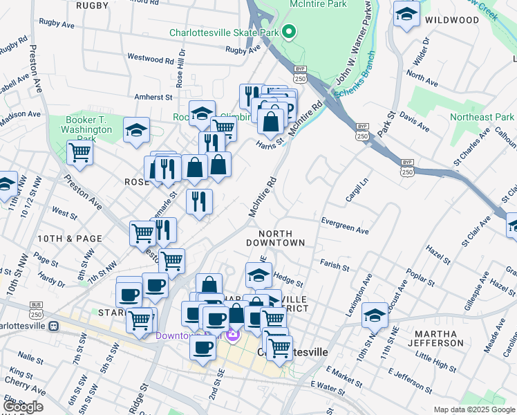 map of restaurants, bars, coffee shops, grocery stores, and more near 606 McIntire Road in Charlottesville