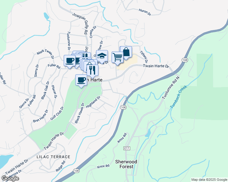 map of restaurants, bars, coffee shops, grocery stores, and more near 22882 East Avenue in Twain Harte