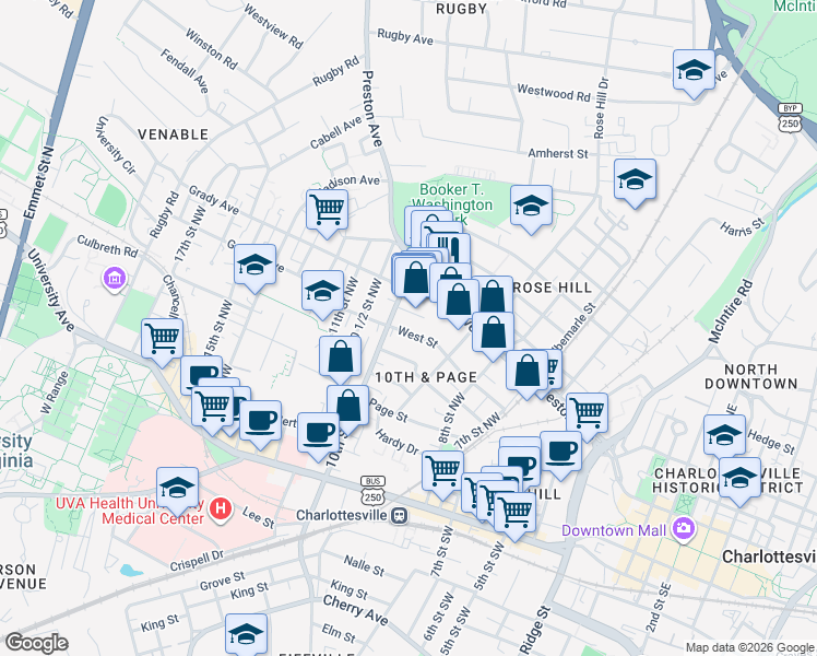 map of restaurants, bars, coffee shops, grocery stores, and more near 400 10th Street Northwest in Charlottesville