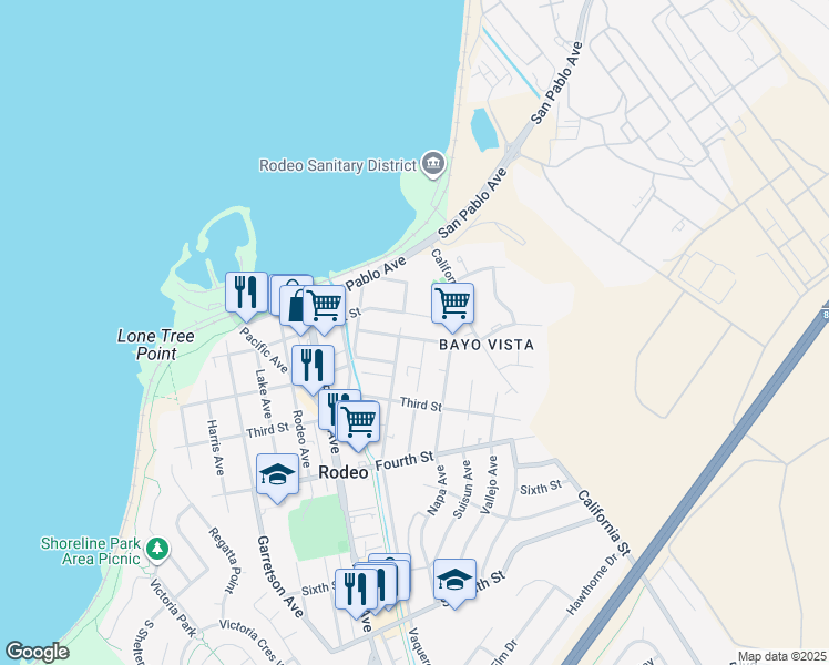 map of restaurants, bars, coffee shops, grocery stores, and more near 818 Mariposa Street in Rodeo