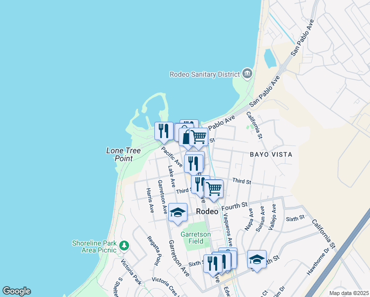 map of restaurants, bars, coffee shops, grocery stores, and more near 516 First Street in Rodeo