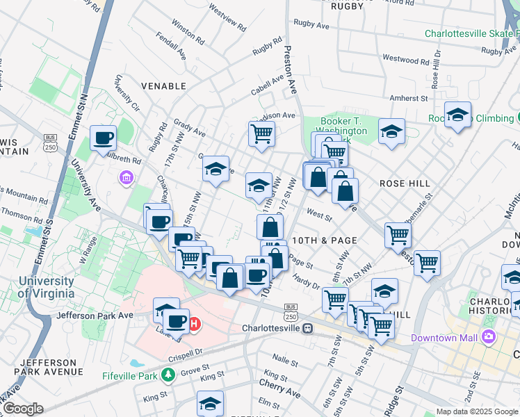 map of restaurants, bars, coffee shops, grocery stores, and more near 341 11th Street Northwest in Charlottesville
