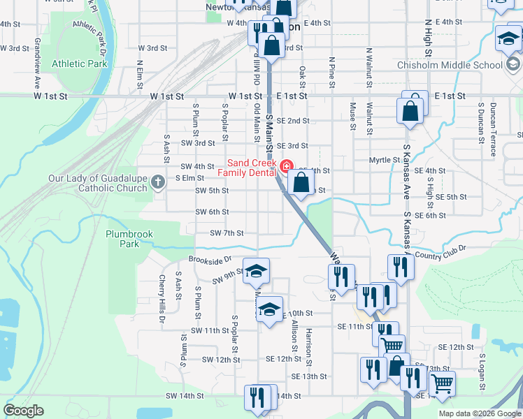 map of restaurants, bars, coffee shops, grocery stores, and more near 600 Old Main Street in Newton