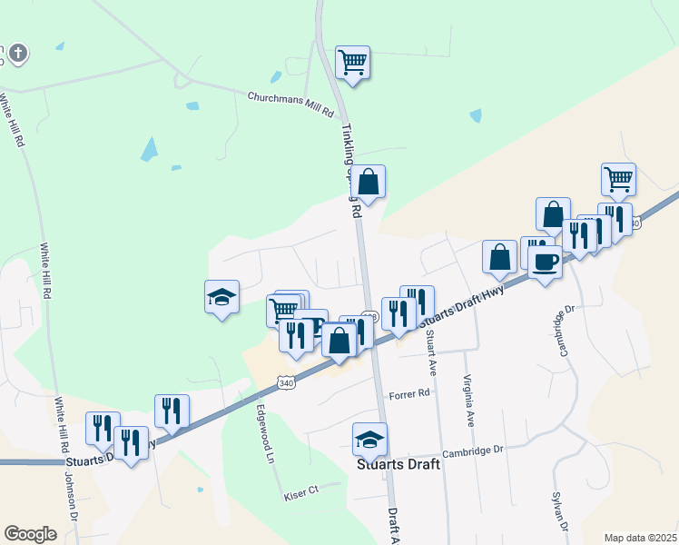 map of restaurants, bars, coffee shops, grocery stores, and more near 6 Oak Tree Lane in Stuarts Draft