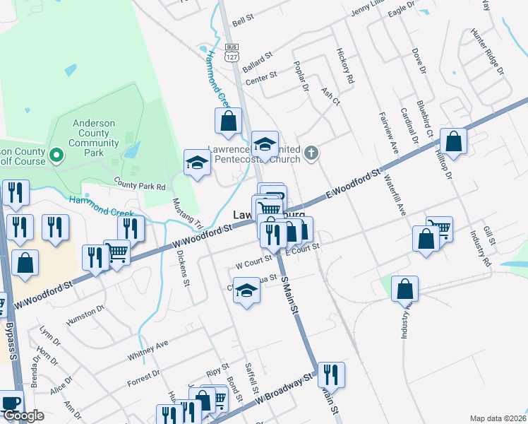 map of restaurants, bars, coffee shops, grocery stores, and more near in Lawrenceburg