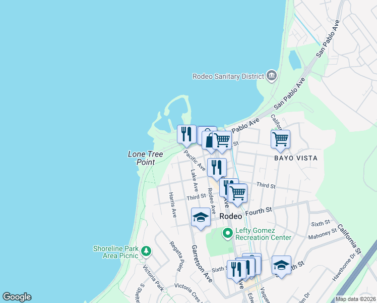 map of restaurants, bars, coffee shops, grocery stores, and more near 28 Pacific Avenue in Rodeo