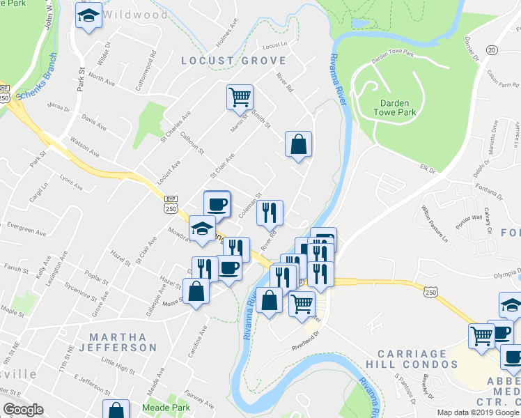 map of restaurants, bars, coffee shops, grocery stores, and more near 1304 Belleview Avenue in Charlottesville