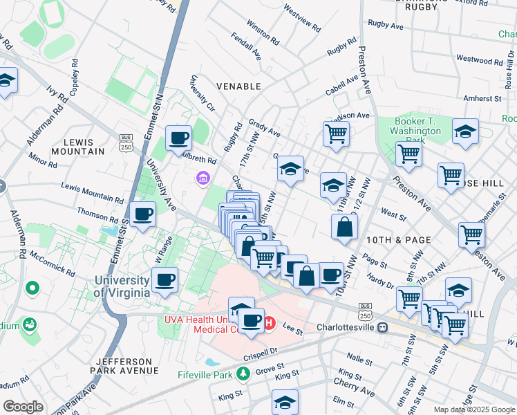 map of restaurants, bars, coffee shops, grocery stores, and more near 301 15th Street Northwest in Charlottesville
