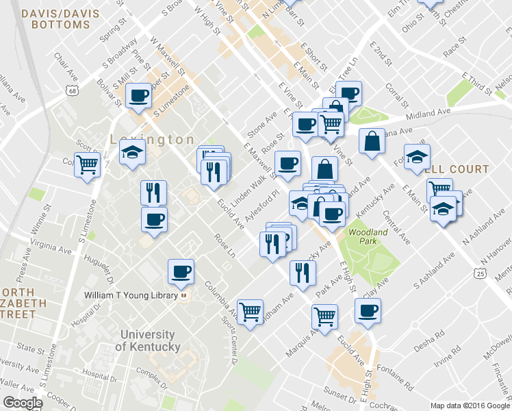 map of restaurants, bars, coffee shops, grocery stores, and more near 332 Aylesford Place in Lexington