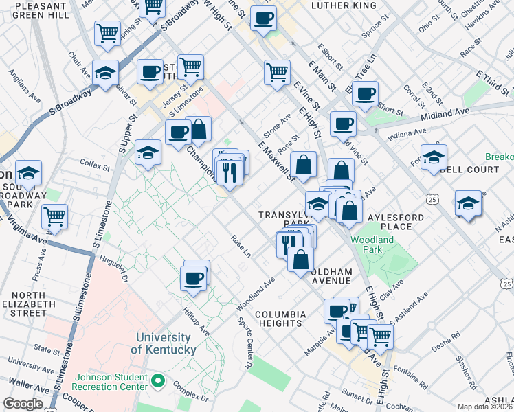 map of restaurants, bars, coffee shops, grocery stores, and more near 365 Aylesford Place in Lexington