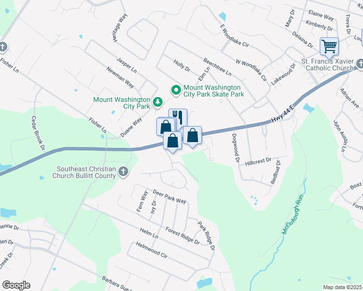 map of restaurants, bars, coffee shops, grocery stores, and more near 9183 Kentucky 44 in Mount Washington