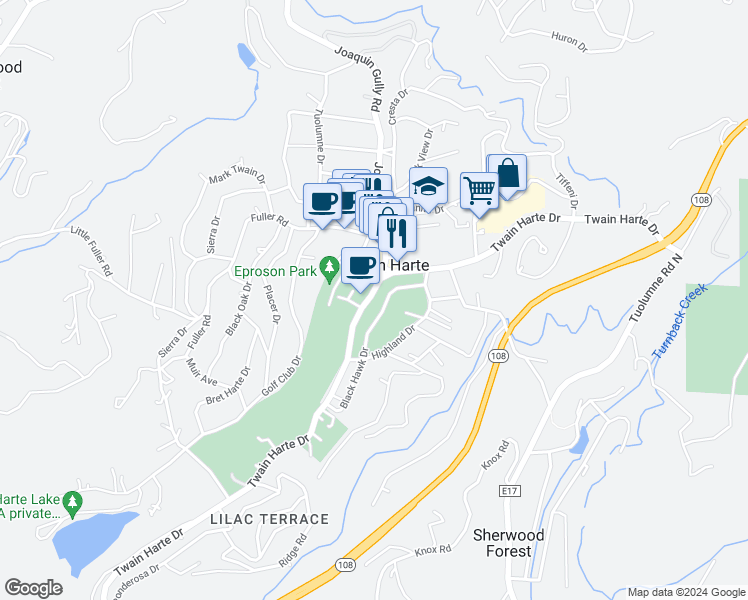 map of restaurants, bars, coffee shops, grocery stores, and more near 22895 Twain Harte Drive in Twain Harte