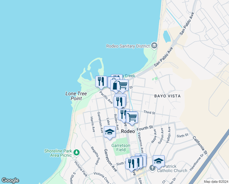 map of restaurants, bars, coffee shops, grocery stores, and more near 516 First Street in Rodeo