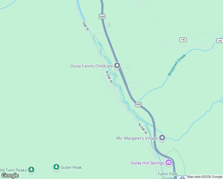 map of restaurants, bars, coffee shops, grocery stores, and more near 1554 Oak Street in Ouray
