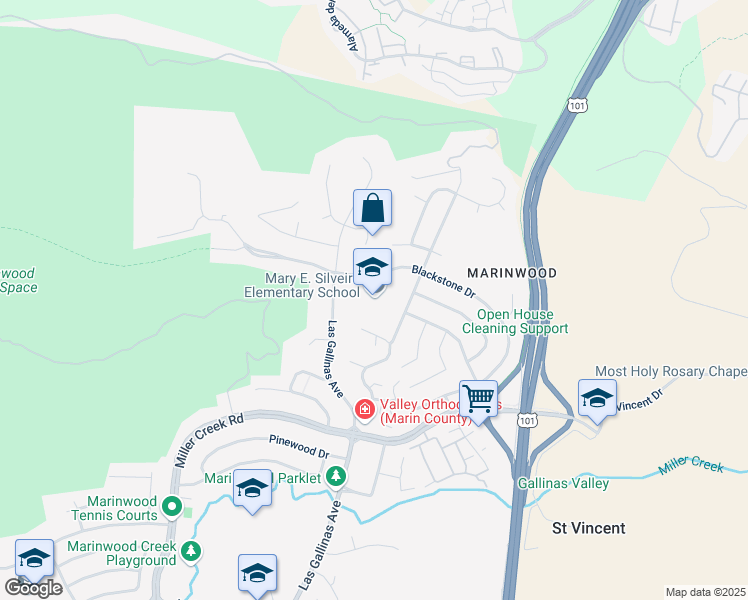 map of restaurants, bars, coffee shops, grocery stores, and more near 375 Blackstone Drive in San Rafael