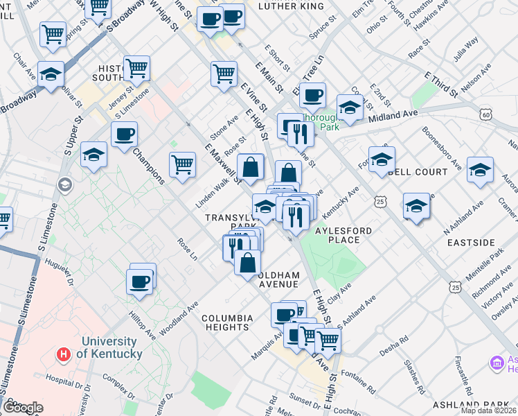 map of restaurants, bars, coffee shops, grocery stores, and more near 314 Transylvania Park in Lexington