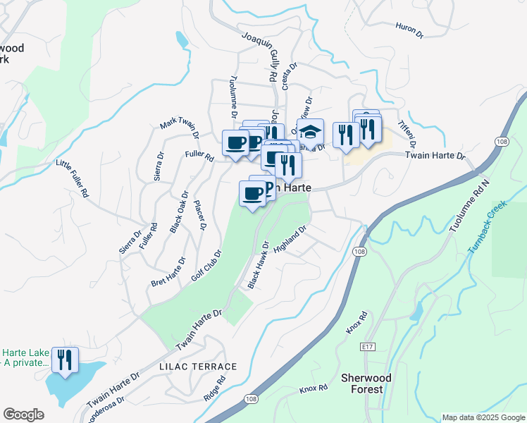 map of restaurants, bars, coffee shops, grocery stores, and more near 22890 Twain Harte Drive in Twain Harte