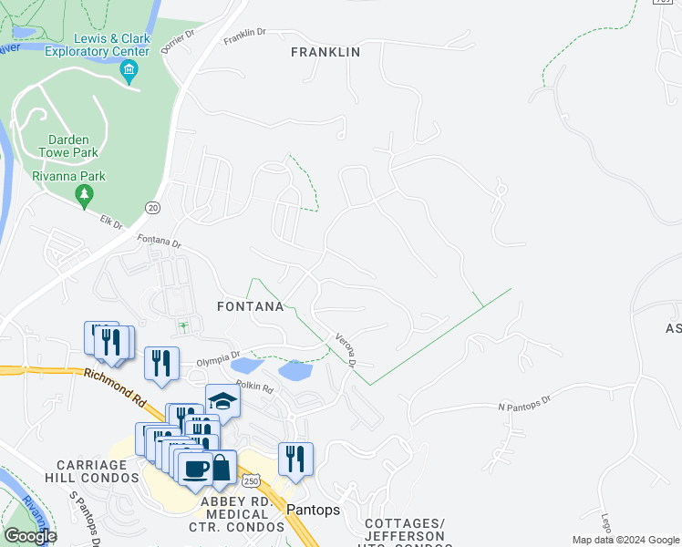 map of restaurants, bars, coffee shops, grocery stores, and more near 1921 Via Florence Road in Charlottesville
