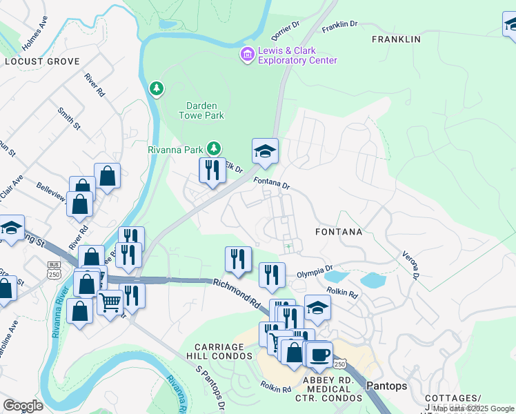map of restaurants, bars, coffee shops, grocery stores, and more near 2519 Avemore Pond Road in Charlottesville
