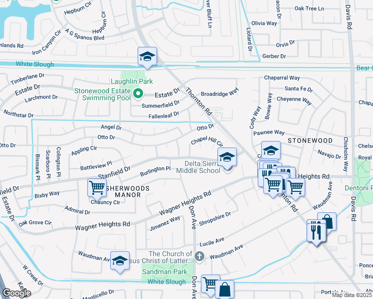 map of restaurants, bars, coffee shops, grocery stores, and more near 2415 Stanfield Drive in Stockton