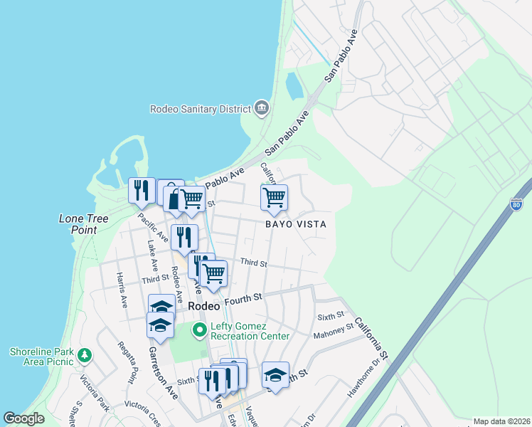 map of restaurants, bars, coffee shops, grocery stores, and more near 917 First Street in Rodeo