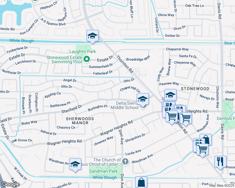map of restaurants, bars, coffee shops, grocery stores, and more near 2415 Stanfield Drive in Stockton