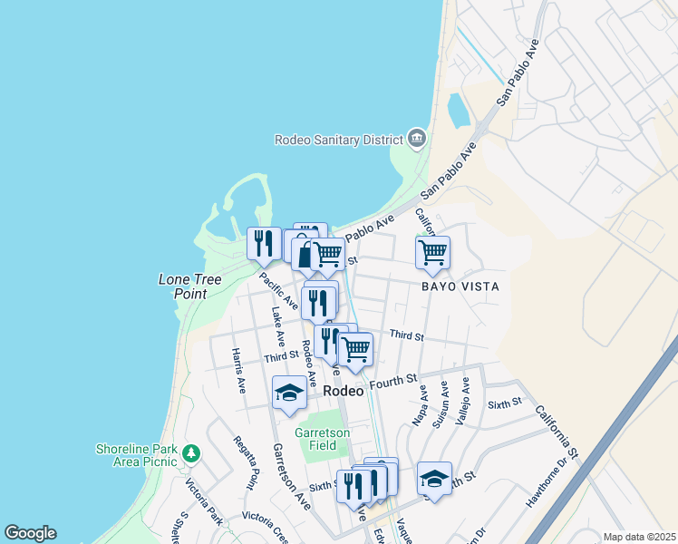 map of restaurants, bars, coffee shops, grocery stores, and more near 122 Railroad Avenue in Rodeo
