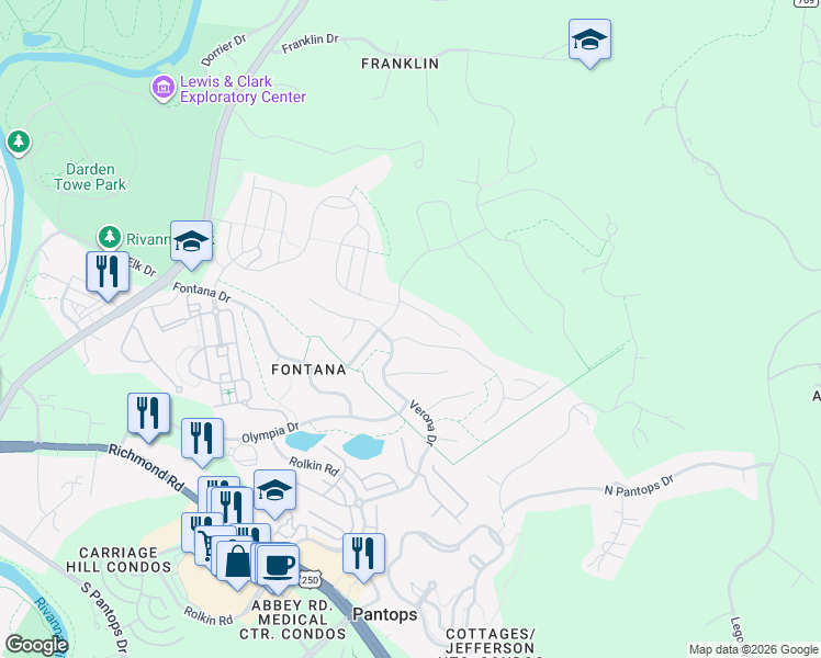 map of restaurants, bars, coffee shops, grocery stores, and more near 1921-1947 Via Florence Road in Charlottesville