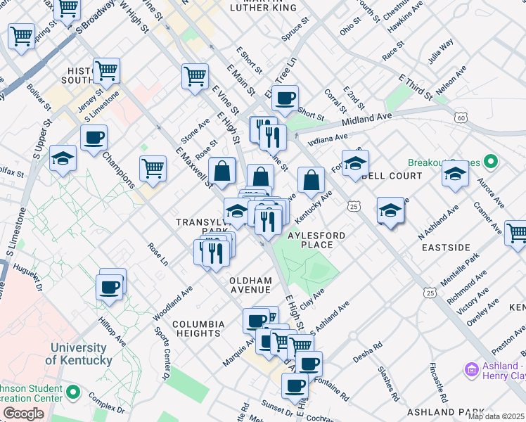 map of restaurants, bars, coffee shops, grocery stores, and more near 176 Woodland Avenue in Lexington