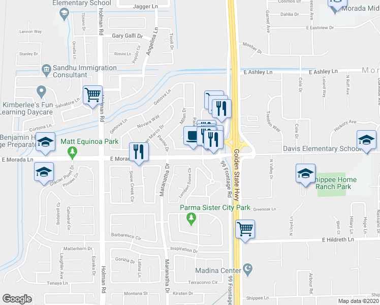 map of restaurants, bars, coffee shops, grocery stores, and more near 3932 Montaro Lane in Stockton