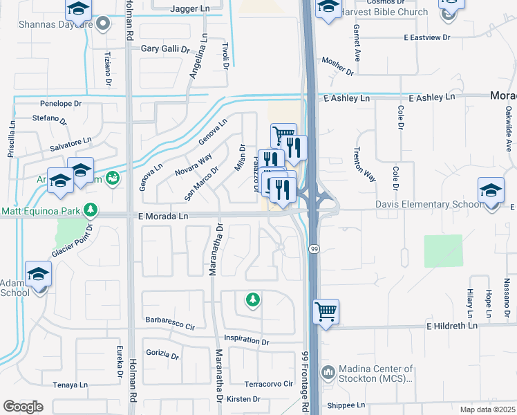 map of restaurants, bars, coffee shops, grocery stores, and more near 3956 Montaro Lane in Stockton