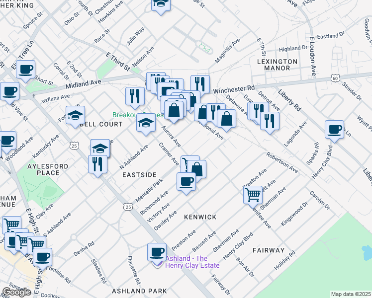 map of restaurants, bars, coffee shops, grocery stores, and more near 911 Aurora Avenue in Lexington