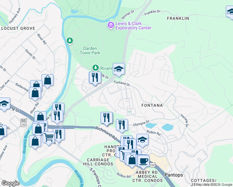 map of restaurants, bars, coffee shops, grocery stores, and more near 2515 Avemore Pond Road in Charlottesville