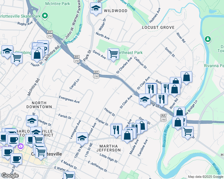 map of restaurants, bars, coffee shops, grocery stores, and more near 855 Locust Ave in Charlottesville