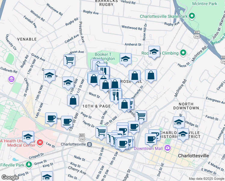 map of restaurants, bars, coffee shops, grocery stores, and more near 824 Preston Avenue in Charlottesville