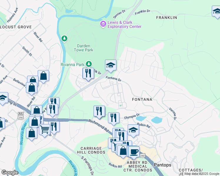 map of restaurants, bars, coffee shops, grocery stores, and more near 2509 Avemore Pond Road in Charlottesville