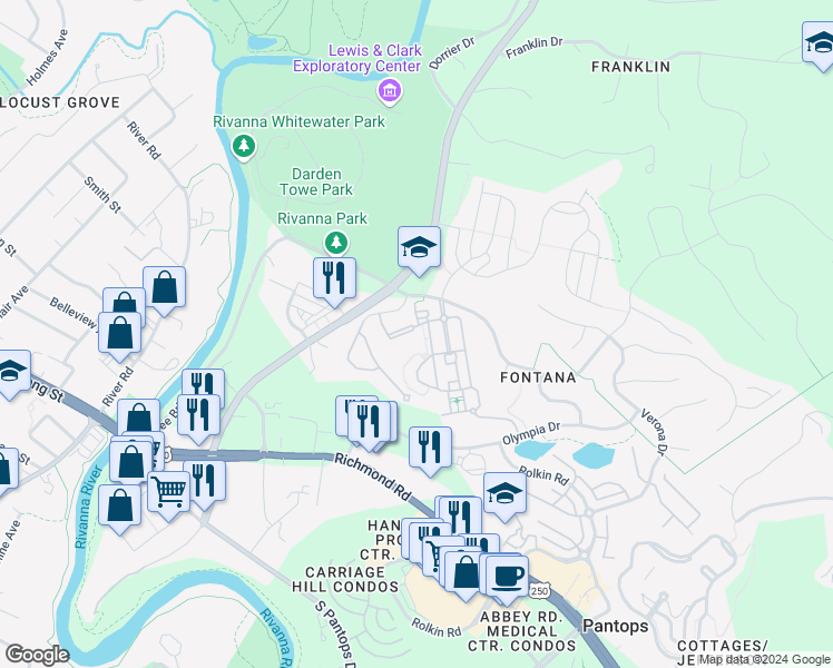map of restaurants, bars, coffee shops, grocery stores, and more near 2509 Avemore Pond Road in Charlottesville