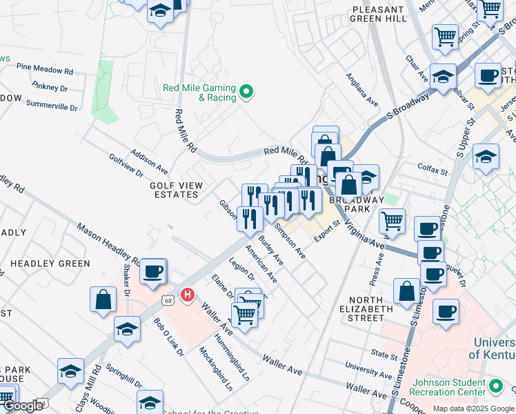 map of restaurants, bars, coffee shops, grocery stores, and more near 402 Pyke Road in Lexington
