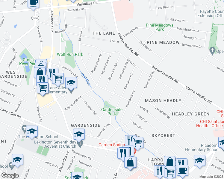 map of restaurants, bars, coffee shops, grocery stores, and more near 1777 Gettysburg Road in Lexington