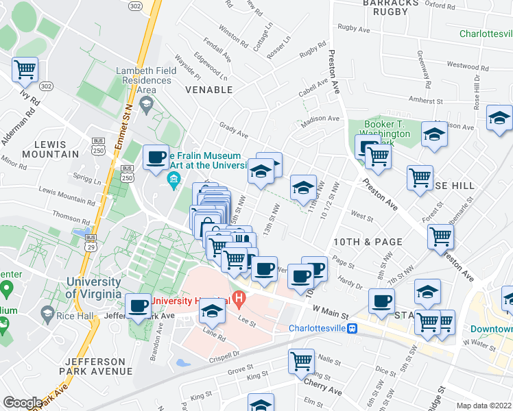map of restaurants, bars, coffee shops, grocery stores, and more near 375 14th Street Northwest in Charlottesville