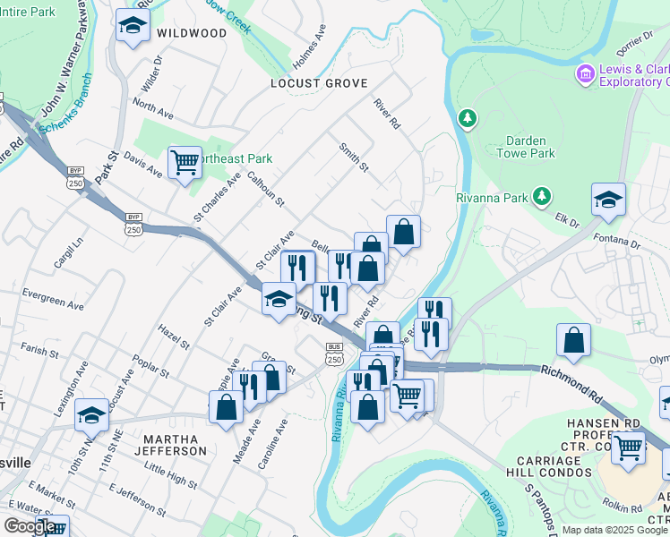map of restaurants, bars, coffee shops, grocery stores, and more near 901-907 Coleman Street in Charlottesville