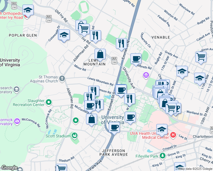 map of restaurants, bars, coffee shops, grocery stores, and more near 1901 Thomson Road in Charlottesville