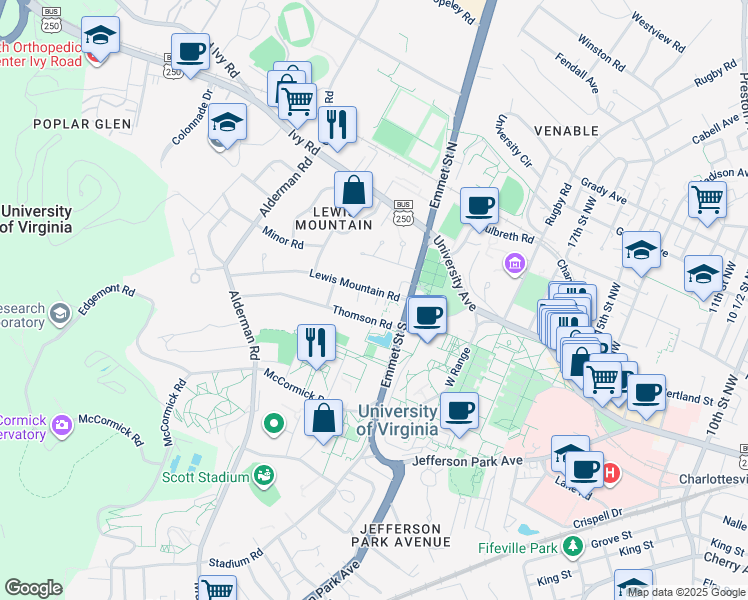 map of restaurants, bars, coffee shops, grocery stores, and more near 1901 Thomson Road in Charlottesville