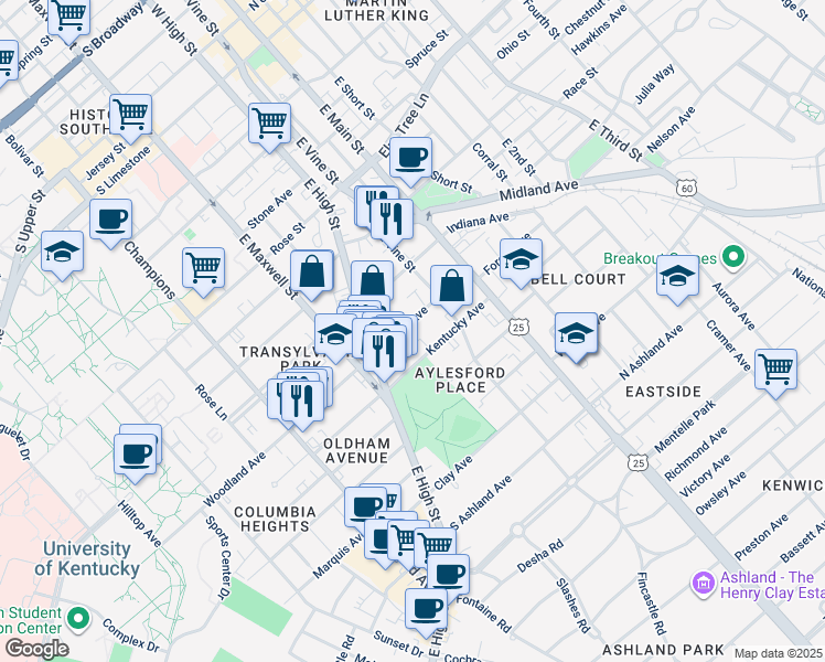 map of restaurants, bars, coffee shops, grocery stores, and more near 176 Woodland Avenue in Lexington