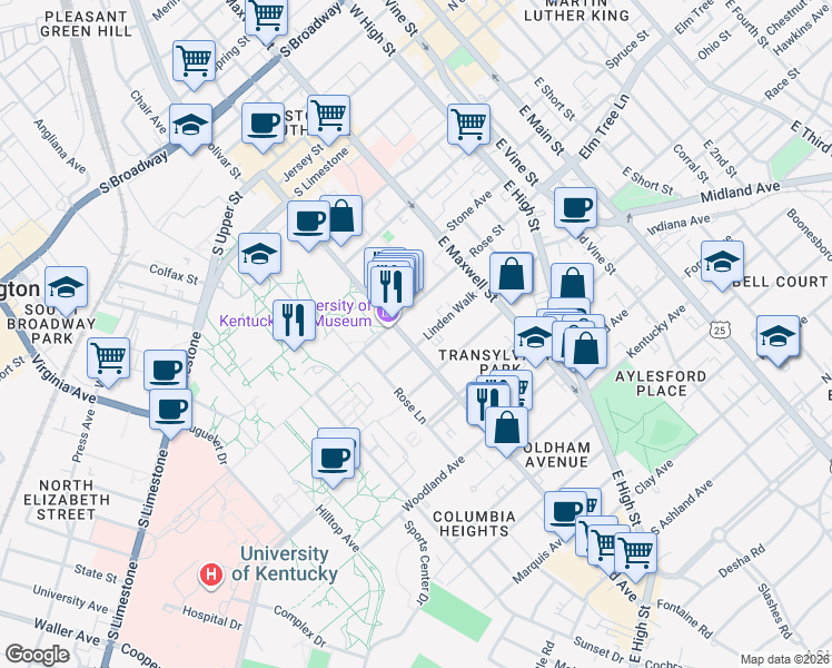 map of restaurants, bars, coffee shops, grocery stores, and more near 409 Linden Walk in Lexington